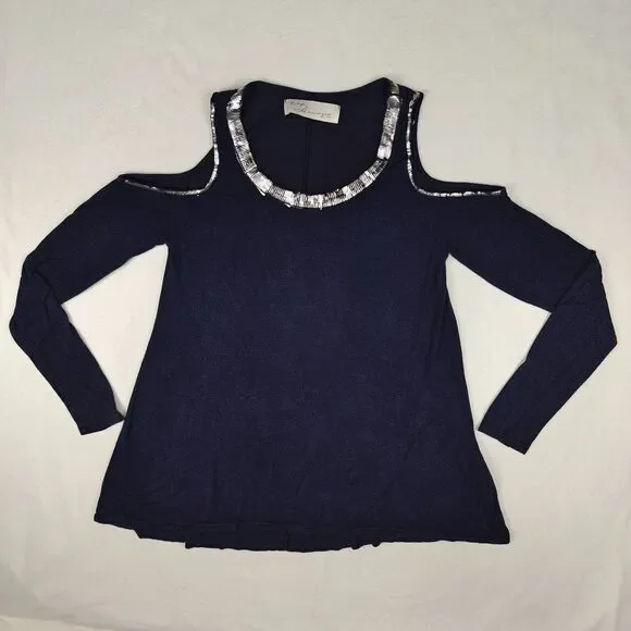 Vintage Havana Distressed Silver Trim Cold Shoulder Tunic Top Size S Y2K Flowy - Picture 2 of 9